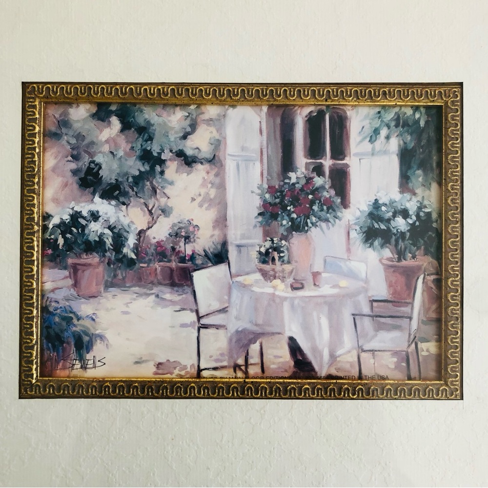 Art Print Framed and Matted Outdoor Cafe Scene approx. 15” x 13” Gold Frame NWT